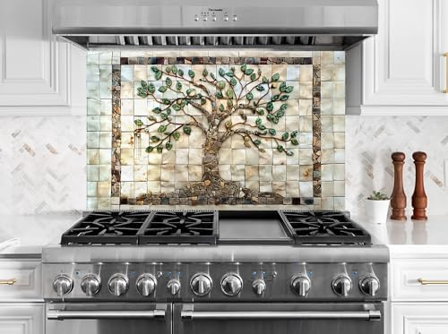 Myphotostation 110x70cm Tree of Life Mosaic Glass Splashback for stove Tempered Glass Backsplash, Glass Backguards For Kitchen, Stove Wall Protector, Cooker Wall Panel, Stove Back Cover