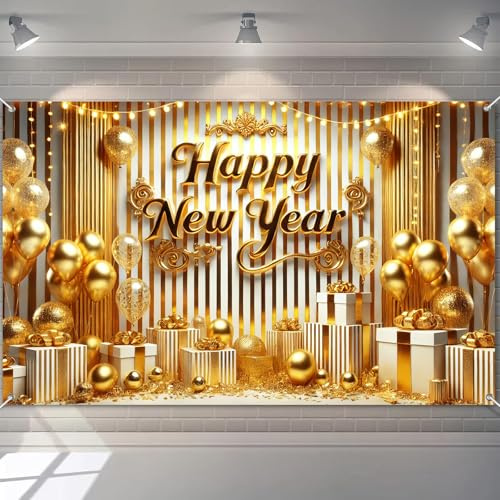 BlissYard Happy New Year Banner 180 x 109 cm Polyester Hintergrund Goldene Feier Dekoration Festliche Party Supplies Wandbehang Kunst für Silvester Event Home Decor Banner Hintergrund