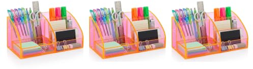 OSCO Transparent Acrylic Desk Tidy Pen Pot, 7 Section Organiser with Pull-Out Drawer for Stationery, Cosmetics & Home Office Supplies, H12×W25×D13 cm, 3 Pack, Neon