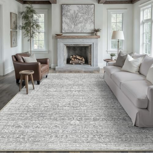 PureCozy Vintage Teppich Wohnzimmer 200x300cm Grau Waschbar Groß Teppiche | Retro Teppich,Waschbar,Rutschfest,Weich Kurzflor,für Schlafzimmer,Esszimmer,Büro Rug