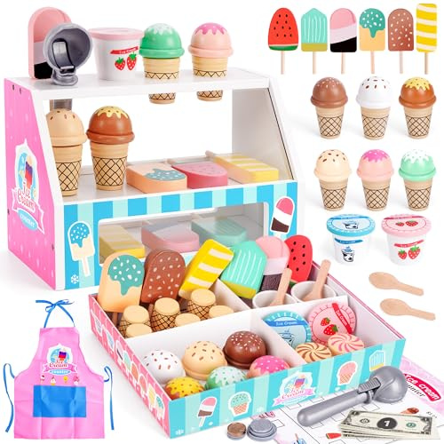 Melofaver Ice Cream Toy, Wooden Kids Ice Cream Play Set Toy Kitchen Age 3-5 | Pretend Play Food Set Ice Cream Set with Aprons, Fake Money, Scoop, Menu, Ice Cream Toys Gifts for 3 4 5 Year Old Girls Boys