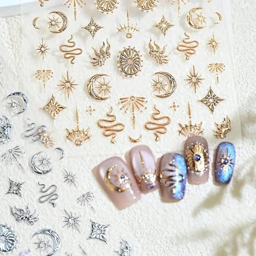 OuryTech Nagelsticker, 2 Pieces Gold Boho Nail Stickers Self-adhesive, 5D Star Moon Sun Snake Design Nail Stickers for Women DIY Nail Art Decoration