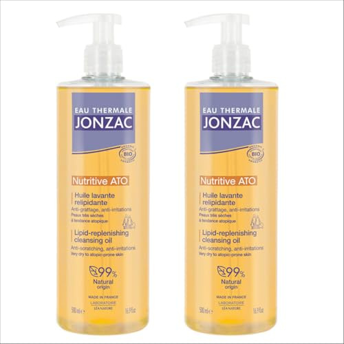Eau Thermale Jonzac Huile Lavante Relipidante BIO ATO+ | Apaise et calme les démangeaisons | Haute tolérance | Peaux très sèches à tendance atopique | 99% d’origine naturelle | LOT DE 2 x 500 ml