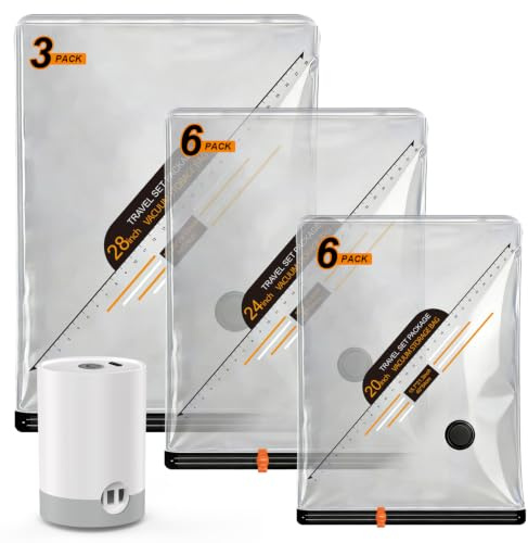 BOYUNSHI Vacuum Storage Bags with Rechargeable Electric Air Pump, 15 Pack Airtight Compression Packing Bags Space Saver for Clothes, Travel, Clothing, Luggage, Suitcase, (3 Large/6 Medium/6 Small)