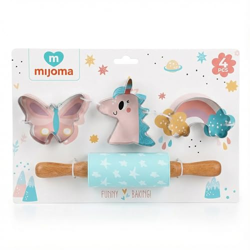 MIJOMA Backset 4-teilig mit Teigrolle & Ausstechformen – Backzubehör Set für Kinder aus Silikon & Edelstahl – Mini Nudelholz & Plätzchenausstecher (Einhorn (blau))
