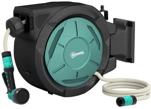 Outsunny Retractable Hose Reel Wall Mounted 20+2m 54 x 20 x 39cm Black | Garden Hose Pipe Reel with Lock, Auto Rewind, 7 in 1 Spray Nozzle, Includes Wall Fixings, 180° Swivel, Outdoor Watering