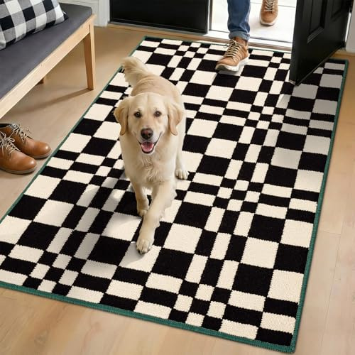 Biscpro Checkered Grid Dirt Trapper Indoor Doormat,80x120cm Black Door mat | Welcome Door mat,Non Slip Door Mats Indoor,Washable and Absorbent Low-Profile Entryway Rug for Hallways,Kitchen,Laundry