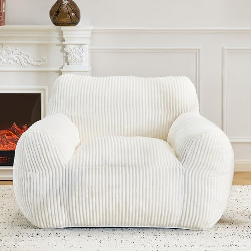 MELLCOM Giant Cord Bean Bag Chair for Adults with Armrests - Oversized Comfy Lounge Lazy Floor Sofa,Cozy Fluffy Single Couch,for Living Room,Bedroom & Dorm,Cream