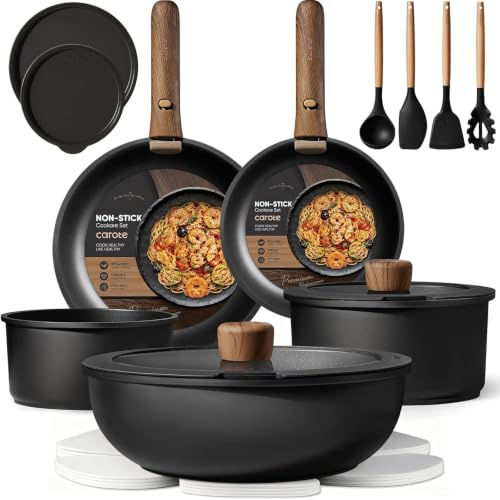 CAROTE 19-Piece Pots and Pans Non Stick with Detachable Handle(Black) | Induction Kitchen Pots and Pans,NonStick Cooking Set, Oven/Dishwasher/Fridge Safe, Space Saving