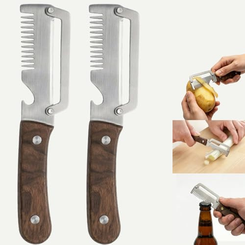 2PCS 3 in 1 Multifunctional Vegetable Peeler with Bottle Opener & Grater, Stainless Steel Blade with Wooden Handle, Kitchen Gadgets for Fruit Veggie Potato Pumpkin Apple Carrot