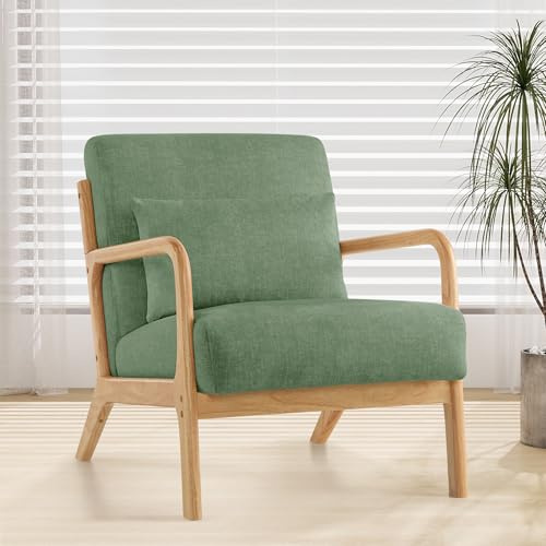 XH.Easy Go Accent Sessel mit Kissen,Moderner Polstersessel für Wohnzimmer,Lounge-Stuhl mit Armlehnen&Holzrahmen,bequemer Lesesessel,Stoff Grün