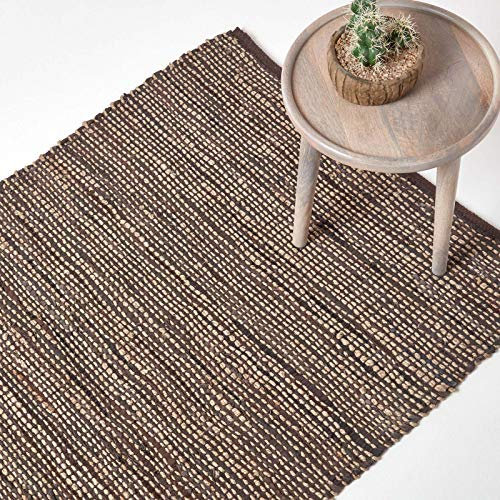Homescapes Teppich Madras braun 150x240 cm – handgewebter Teppich aus Hanf & Recycling-Leder, Flachgewebe im Streifen-Design