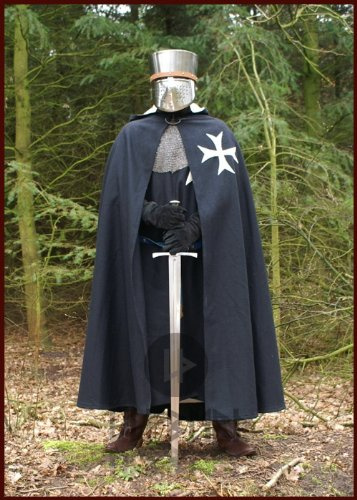 Ulfberth Umhang der Johanniter aus Wolle, Schwarz mit Weißem Kreuz | Einheitsgröße, ca. 143 cm Lang, Gefüttert, Authentische Mittelalter Replik, Reenactment, LARP
