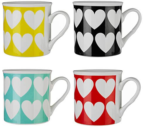 Premier Housewares, Mugs Set Of 4 Heart Graphic Large Mugs For Hot Drinks Bone China Mug Set Tea Cups Tea Mugs H 9 X W 12 X D 9 Cm