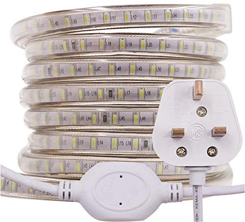 GQL 25m LED Strip AC 220V 240V IP65 Waterproof 3014 SMD 120LEDs/m Commercial Rope Light, Cold White Ribbon for Home Kitchen Cabinets Ceiling Garden Decoration UK Plug