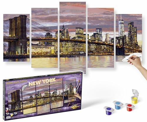 Schipper 609450806 Malen nach Zahlen - New York in der Morgendämmerung - Bilder malen für Erwachsene, inklusive Pinsel und Acrylfarben, Meisterklasse Polyptychon - Profi-Edition, 132 x 72 cm