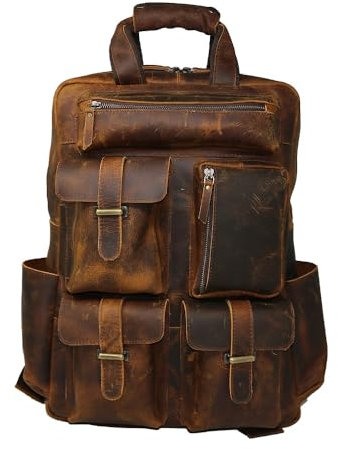 Jaald 45 Cm Mochila Backpack Salveque Morral Valija De Cuero Piel Marrón Para Portátil Ordenador, Impermiable Casual Espalda Uso Escolar Senderismo Viaje Regalo Hombres Mujeres Leather