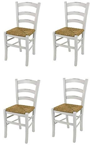 t m c s Tommychairs - 4er Set Stühle Venezia für Küche und Esszimmer, Robuste Struktur aus lackiertem Buchenholz im Shabby Chic Stil, handwerklich antik behandelt und Sitzfläche aus Stroh