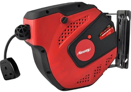 Neilsen CT4210 230V Automatic Cable Reel - 15M Cable with BS Socket & Plug, Spring-Loaded Auto Roll-Up, Safety Lock, Ideal for Garage, Workshop, and DIY Use