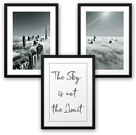 Kreative Feder 3-teiliges Premium Poster-Set - Kunstdruck The sky is not the limit - Deko-Bild für Ihre Wand (A3, schwarzer Rahmen)