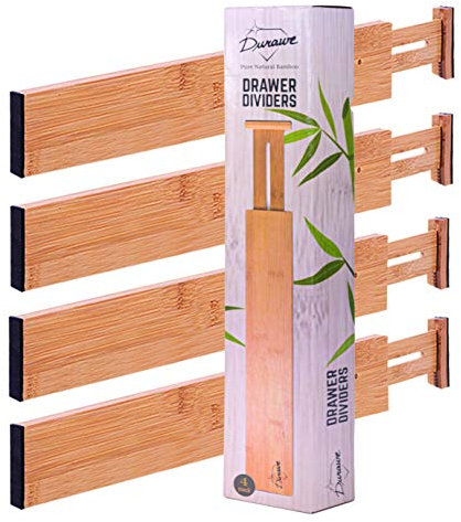 Separadores de Cajones Organizadores de Cocina de Bambú Set de 4 - Separador de Cajones Ajustable y Ampliable con Muelle - Lo mejor para la Cocina, el Dormitorio, la Cómoda y el Armario (30-43cm)