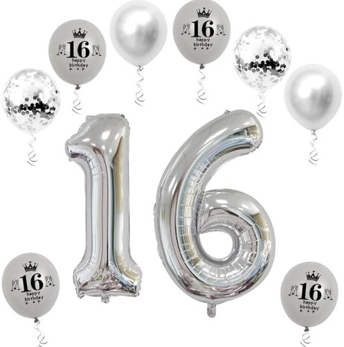 XL Folienballon 16 Geburtstag, Folienballon Zahl 16, Zahl 16 Silber, Luftballons Zahl 16, Nummer 16 Luftballon Silber, 32 Geburtstagsdeko Ballon 16
