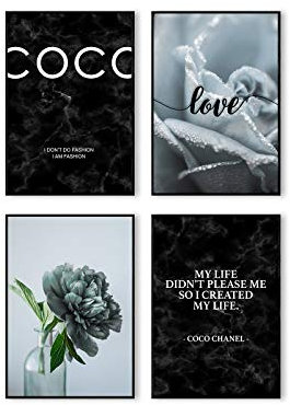 Postertech® Premium Poster Set | 4 Bilder als stilvolle Wanddeko | 4X DIN A4 | schwarz blau Coco Spruch | Wandbilder zum Aufhängen (Ohne Bilderrahmen)