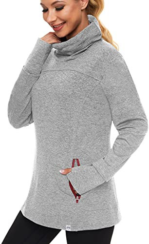 Soneven Rollkragen Pullover Damen Sweatshirt Damen Ohne Kapuze mit Taschen Funktionsshirt Langarm Sweatshirt Pulli Fleecepullover Hochkragen Sweatjacke Winter Grau XXL