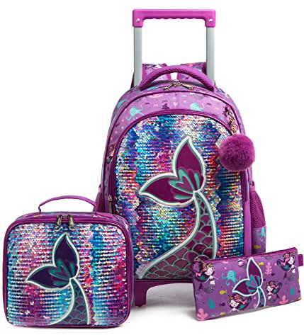 HTgroce Schultasche mit Rollen Mädchen 3 in 1,Rucksack Trolley Rucksack mit Rollen Geeignet für Kindergarten und Grundschulkinder Inklusive Lunchpaket und Federmäppchen Schulreiseset.