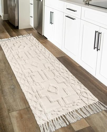 Uphome Boho-Läufer Teppich, 60x180 cm, getuftet, Bauernhaus-geometrisch, Flur-Teppiche mit Quaste, Baumwolle, waschbar, Tribal-Akzent, Überwurf-Teppiche für Wäsche, Veranda, Küche, Wohnzimmer
