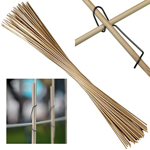 100 x Pflanzenstüzen 90 cm x Ø 6 mm aus 100% Natur-Bambus + 50 Klammern (Metallklammern, Clips) für Rankhilfen Bambus Stangen.
