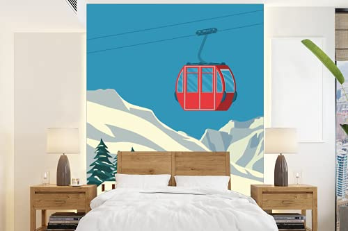Selbstklebend Tapete Wandpapier Wandaufkleber Fototapete Tapeten Wanddeko 175x240 cm Skilift - Vintage - Illustration - Alpen