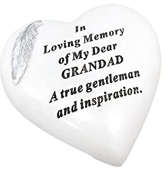Gedenkstein Herz Plaketten Grabschmuck – Personalisierte Grabdekoration Weiß & Silber Plaketten mit Feder – Outdoor Gedenktafel 15 x 15 cm (Grandad)