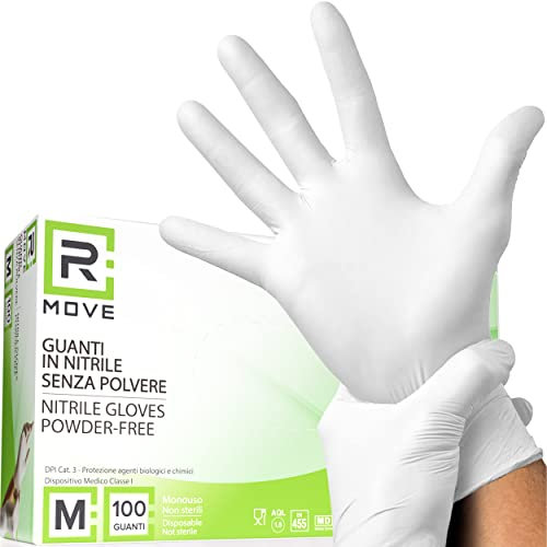 RMOVE 100 guanti in Nitrile Bianchi M senza polvere, senza lattice, ipoallergenici, guanti monouso per Estetisti, Tatuatori, Ambiti Medici, guanti per alimenti (M, Bianchi)