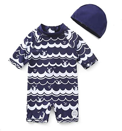 ADAVERANO Baby Jungen Sonnenanzüge UV50+ Badebeklideung EIN-Stück mit kurzen Sleeves mit Sonne Hut.(The Wave,74-80Cm)