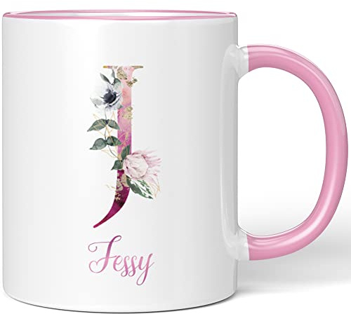 JUNIWORDS Tasse, Jessy, Name Anfangsbuchstabe Initial Alphabet Floral Buchstabe J Monogramm Motiv, Rosa (5516126)