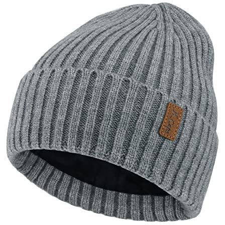 Bequemer Laden Warm Mütze Herren Winter Thermo Wintermütze Basic Mützen Männer Rippe Strickmütze mit Fleece Gefüttert Geschenk, Grau