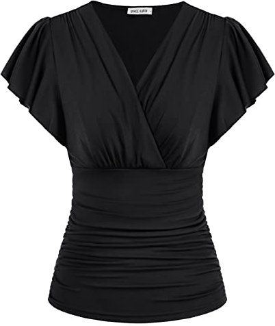 Damen T-Shirt Kurzarm V-Ausschnitt Einfarbig Top Slim Fit Plissee-Tops Tunika Blusen CL1977S23-01_00S