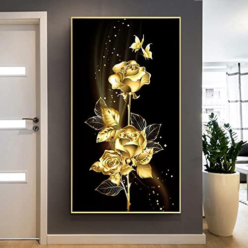 Jianghu Art Goldene Rose Schwarzer Hintergrund Wandkunst Große Große Leinwand Wandkunst Gemälde Moderne Wunderbare Blumen Luxus Poster Bilder 60x120cm/(24x47inch) mit Rahmen