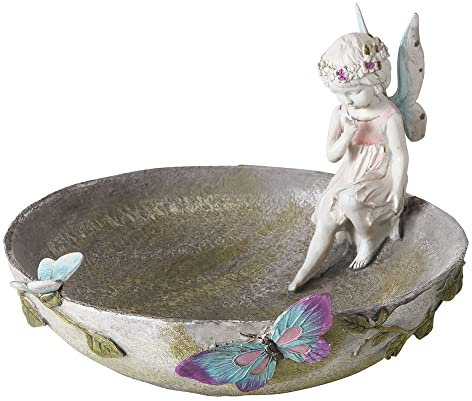 Boltze Gruppe Vogeltränke Elfe Vogelbad Gartendeko Schmetterling bunt Tränkebecken Vögel Außen, Kunstharz grau, DxH 25x18