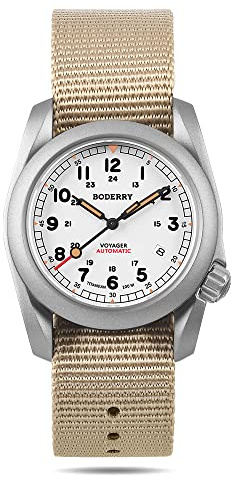 BODERRY Orologio Uomo Automatico Titanio – 40mm Orologio da Campo Militare, Movimento Meccanico Giapponese, Funzione Giorno-Data, Corona a Vite, Impermeabile 100m, Cinturino in Nylon – VOYAGER
