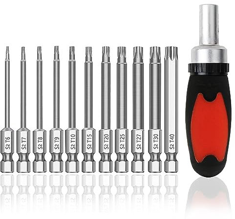 TUAKIMCE 12Pcs Torx Head Screwdriver Bit Sets, 75mm 1/4 Inch Hex Shank T6-T40 S2 Steel Screwdriver, Magnetic Star Torx Security Screwdriver Bits Set with 1 Pack of Handles
