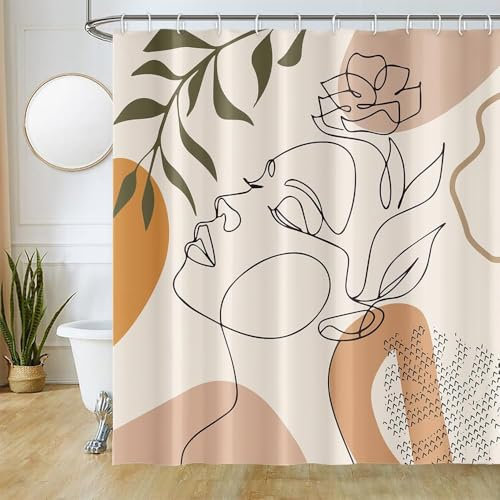 Uiiooazy Duschvorhang Boho, Duschvorhang 240x180cm Anti Schimmel Abstrakt Frau Gesichter Grüne Blätter Duschvorhänge Stoff Waschbar Wasserdicht Polyester Bad Vorhang mit 12 Haken für Badezimmer