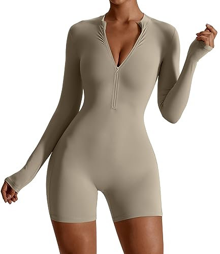 FEOYA Damen Turnanzug Sport Body Slim Fit Bodysuit Dehnbarer Gymnastikanzug mit Langen Ärmeln Hersteller S/DE Größe XXS-Khaki