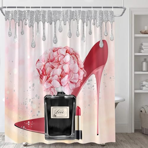 Rideau de douche tendance girly magnifique argent goutte d'eau sexy rouge talon haut rose floral féminin parfum rouge à lèvres diamant aquarelle moderne art femmes fille tissu polyester rideau de