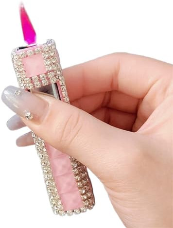 OLELY Mini-dünnes Butan-Feuerzeug, Winddicht, Jet-Rosa-Blau-Flamme, Zigaretten-Feuerzeug, niedliche glitzernde Strass-Fackel-Feuerzeuge for Damen, Ehefrau, Geschenke (Color : A)