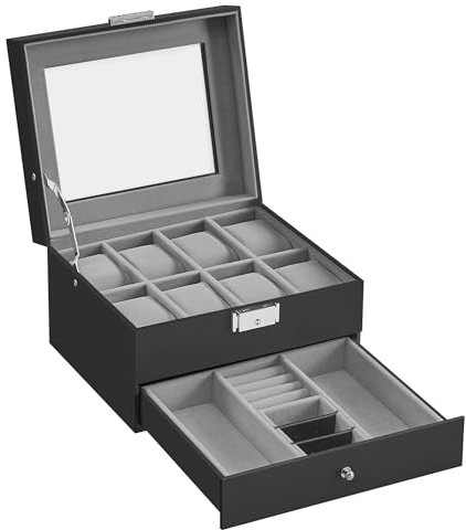 SONGMICS Watch Box, Watch Case with Glass Lid, 2-Tier Watch Display Case for 8 Watches, Lockable, 1 Drawer, for Rings, Bracelets, Gift Idea, Black Synthetic Leather, Greenish Grey Lining JWB080G01