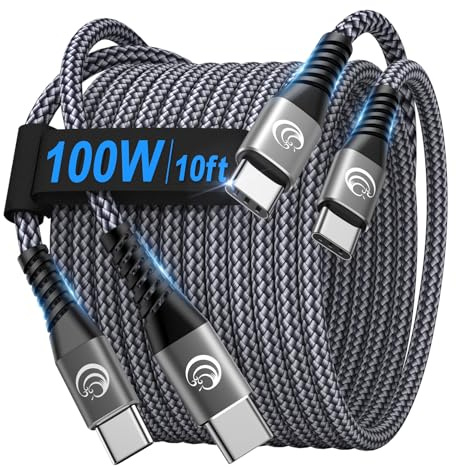 USBC to USBC 100W [10ft/2 Pack] USB C to USB C Fast Charging Cable Braided C to C Charger Cord for MacBook Pro/Air, iPhone 16 15 Pro Max Plus,iPad Pro,Samsung Galaxy S25 Ultra S24 S23,Pixel,PS5,Switch