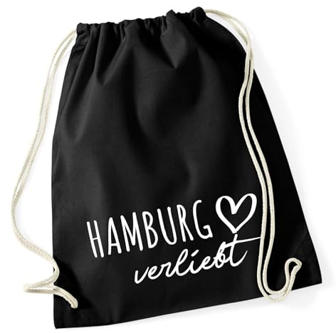 Huuraa Turnbeutel Hamburg verliebt Geschenk | Sportbeutel 12 Liter Black Baumwolle Schwarzer Rucksack Geschenkidee Unisex Beutel mit Kordelzug Baumwollbeutel