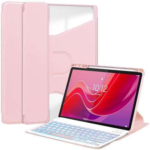 HLTOOP Tastatur Hülle für Lenovo Tab M11 11 Zoll 2024 TB330FU, Um 360° Drehbare Hülle, 7-Farbige Bluetooth-Tastatur Mit Hintergrundbeleuchtung,Rosa